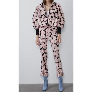 Zara Womens Jacket Full Zip Up Roses Flower Print Elastic Waist Jacket Size L
